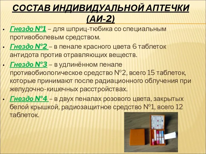 СОСТАВ ИНДИВИДУАЛЬНОЙ АПТЕЧКИ (АИ-2) Гнездо №1 – для шприц-тюбика со специальным противоболевым