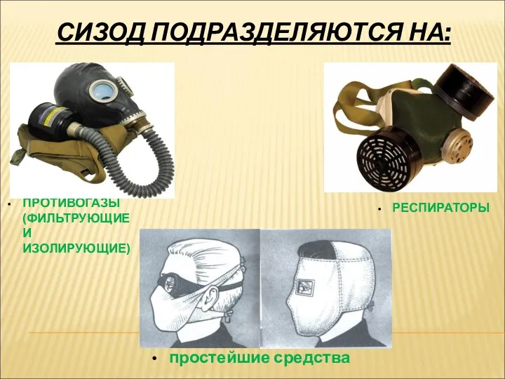 СИЗОД ПОДРАЗДЕЛЯЮТСЯ НА: ПРОТИВОГАЗЫ (ФИЛЬТРУЮЩИЕ И ИЗОЛИРУЮЩИЕ) РЕСПИРАТОРЫ простейшие средства