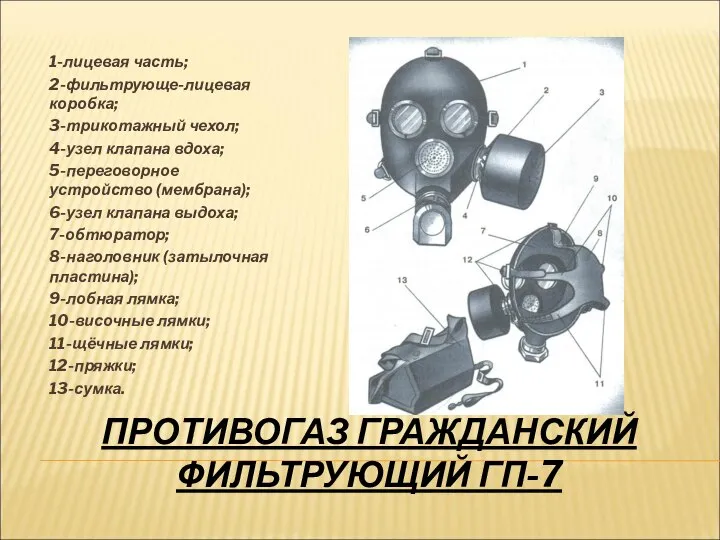 ПРОТИВОГАЗ ГРАЖДАНСКИЙ ФИЛЬТРУЮЩИЙ ГП-7 1-лицевая часть; 2-фильтрующе-лицевая коробка; 3-трикотажный чехол; 4-узел клапана