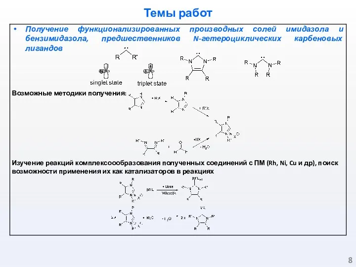 Темы работ Возможные методики получения: Изучение реакций комплексоообразования полученных соединений с ПМ