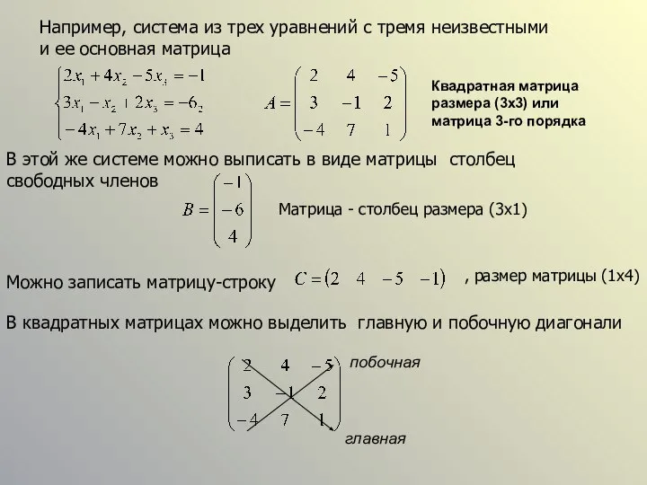 В этой же системе можно выписать в виде матрицы столбец свободных членов