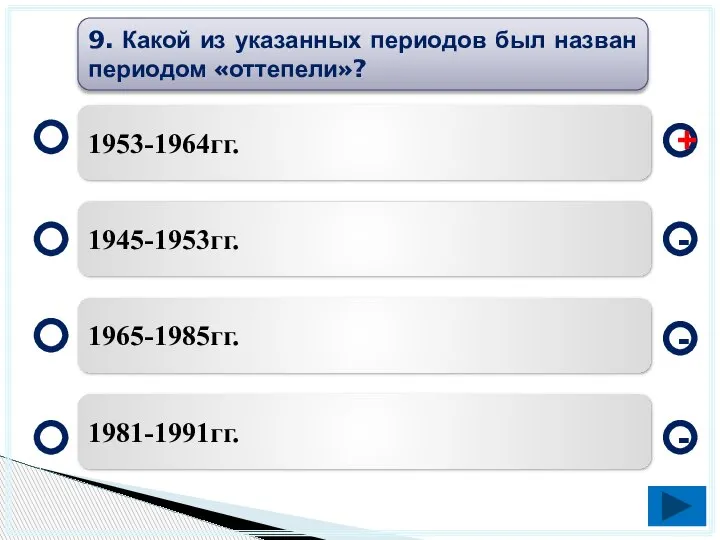 1953-1964гг. 1945-1953гг. 1965-1985гг. 1981-1991гг. - - + - 9. Какой из указанных