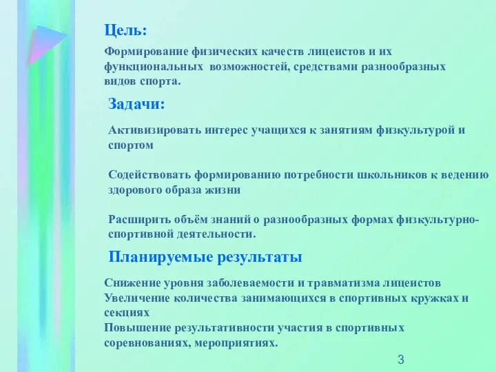 Цель: Формирование физических качеств лицеистов и их функциональных возможностей, средствами разнообразных видов