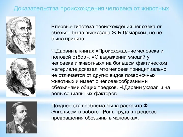 Впервые гипотеза происхождения человека от обезьян была высказана Ж.Б.Ламарком, но не была