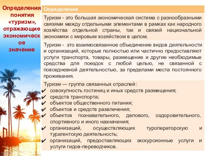 Определения понятия «туризм», отражающие экономическое значение