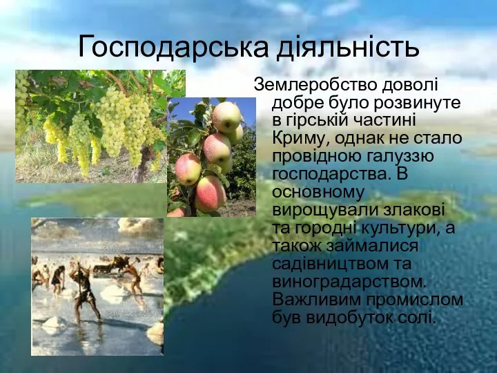 Господарська діяльність Землеробство доволі добре було розвинуте в гірській частині Криму, однак