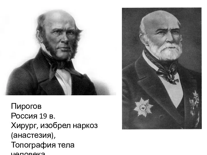 Пирогов Россия 19 в. Хирург, изобрел наркоз (анастезия), Топография тела человека.