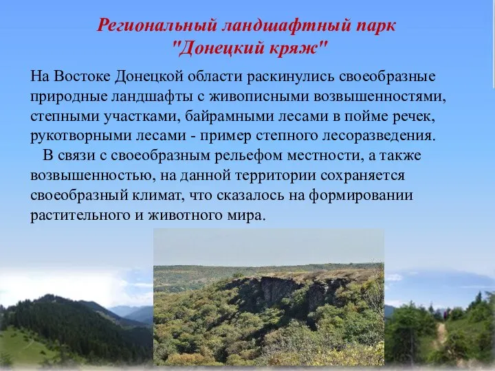 Региональный ландшафтный парк "Донецкий кряж" На Востоке Донецкой области раскинулись своеобразные природные