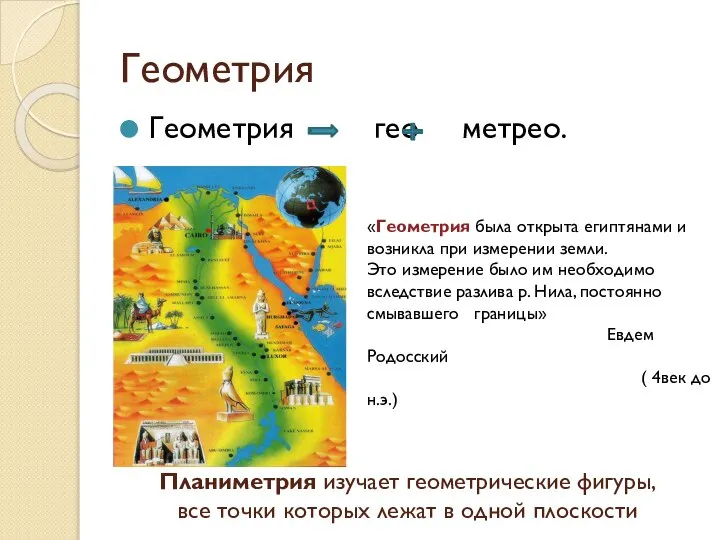 Геометрия Геометрия гео метрео. «Геометрия была открыта египтянами и возникла при измерении