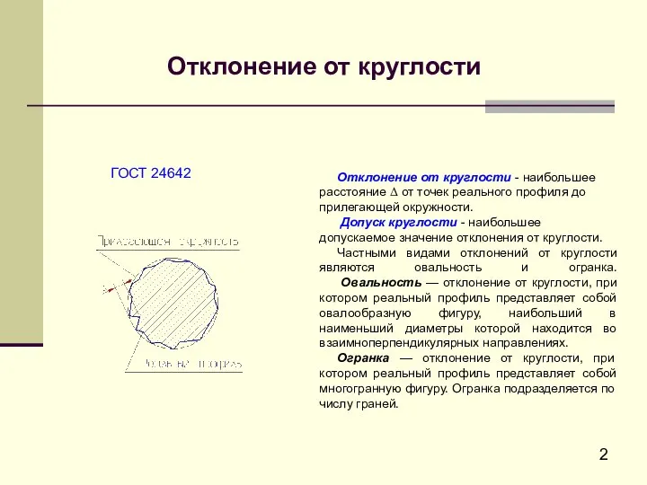 Отклонение от круглости Отклонение от круглости - наибольшее расстояние Δ от точек