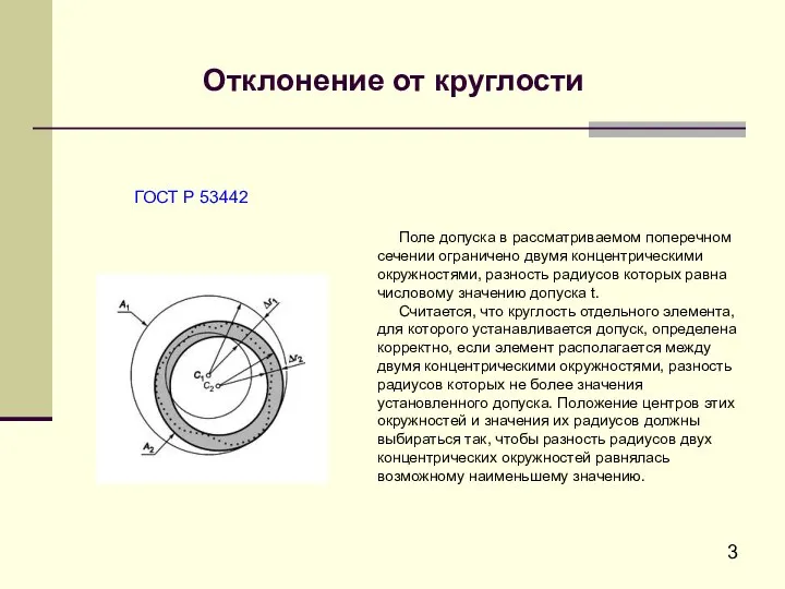 Отклонение от круглости Поле допуска в рассматриваемом поперечном сечении ограничено двумя концентрическими