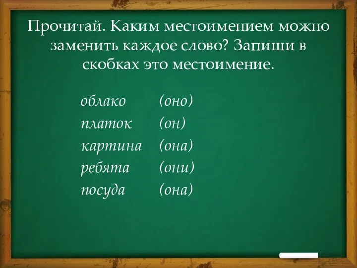 Прочитай. Каким местоимением можно заменить каждое слово? Запиши в скобках это местоимение.