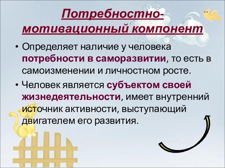 Потребностно-мотивационный компонент Определяет наличие у человека потребности в саморазвитии, то есть в