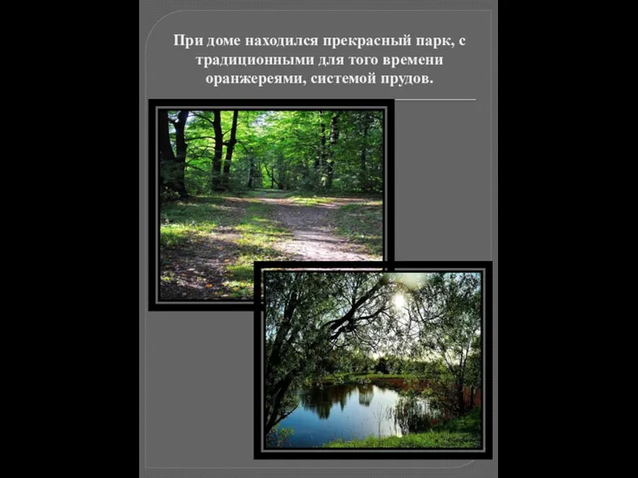 При доме находился прекрасный парк, с традиционными для того времени оранжереями, системой прудов.