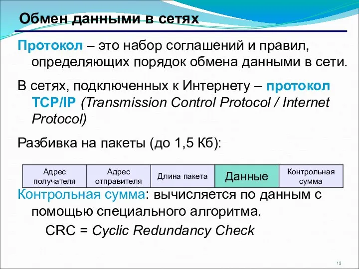 Обмен данными в сетях Протокол – это набор соглашений и правил, определяющих