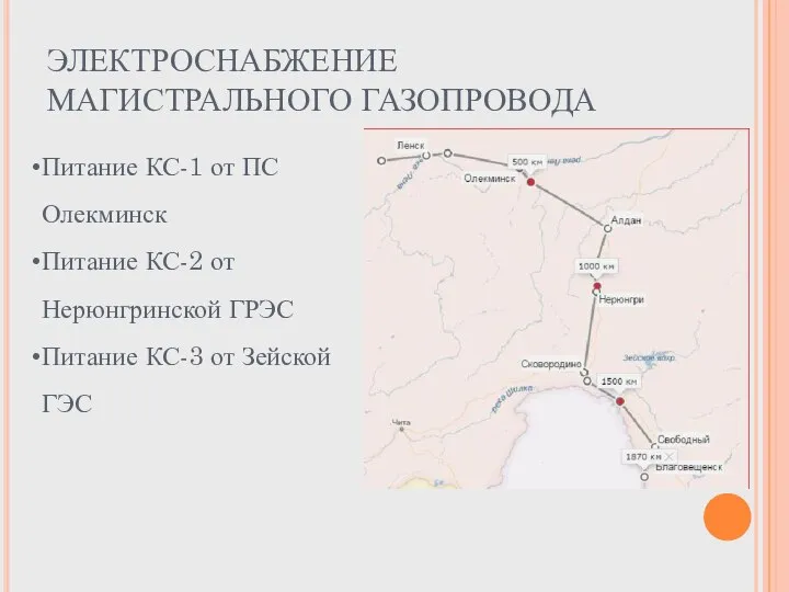 ЭЛЕКТРОСНАБЖЕНИЕ МАГИСТРАЛЬНОГО ГАЗОПРОВОДА Питание КС-1 от ПС Олекминск Питание КС-2 от Нерюнгринской