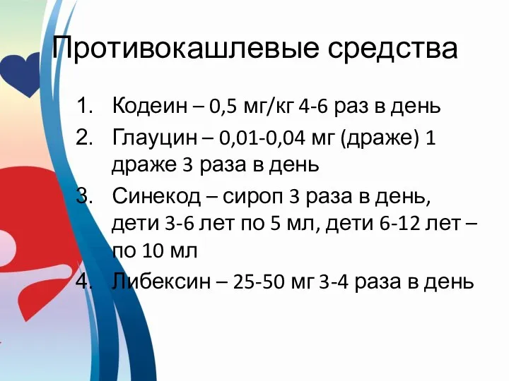 Противокашлевые средства Кодеин – 0,5 мг/кг 4-6 раз в день Глауцин –