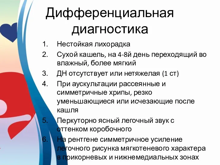 Дифференциальная диагностика Нестойкая лихорадка Сухой кашель, на 4-8й день переходящий во влажный,