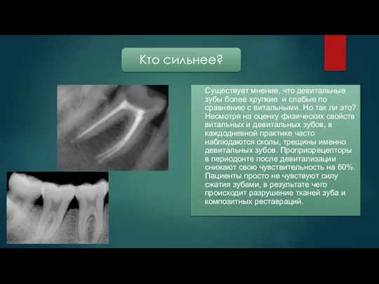 Существует мнение, что девитальные зубы более хрупкие и слабые по сравнению с