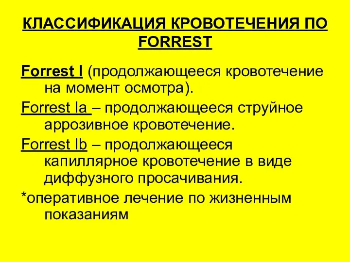 КЛАССИФИКАЦИЯ КРОВОТЕЧЕНИЯ ПО FORREST Forrest I (продолжающееся кровотечение на момент осмотра). Forrest