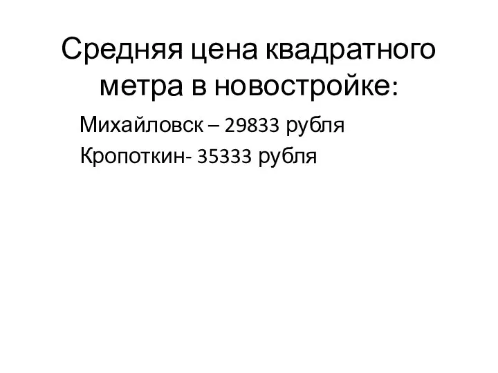 Средняя цена квадратного метра в новостройке: Михайловск – 29833 рубля Кропоткин- 35333 рубля