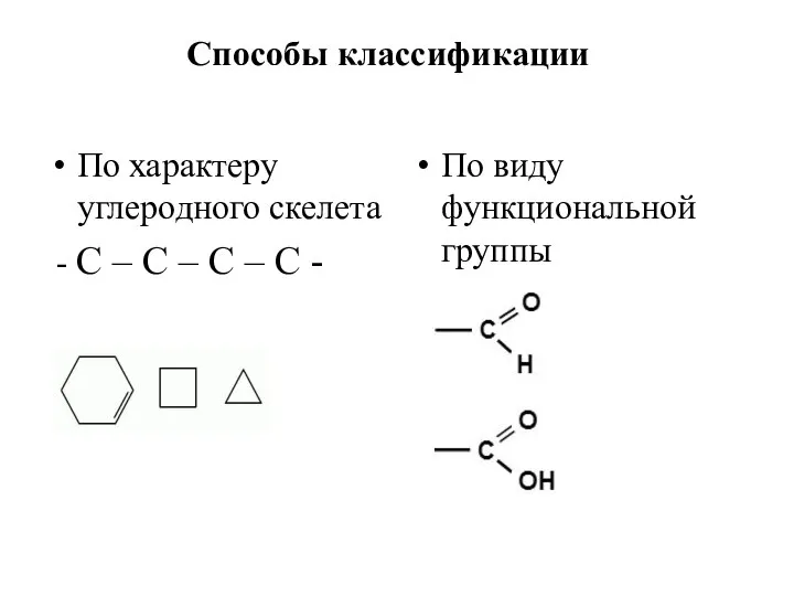 Способы классификации По характеру углеродного скелета - C – C – C