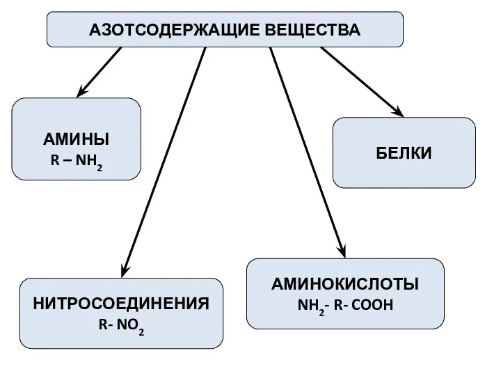 АЗОТСОДЕРЖАЩИЕ ВЕЩЕСТВА АМИНЫ R – NH2 АМИНОКИСЛОТЫ NH2- R- COOH БЕЛКИ НИТРОСОЕДИНЕНИЯ R- NO2