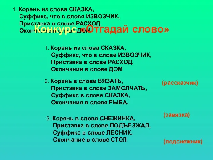 1. Корень из слова СКАЗКА, Суффикс, что в слове ИЗВОЗЧИК, Приставка в