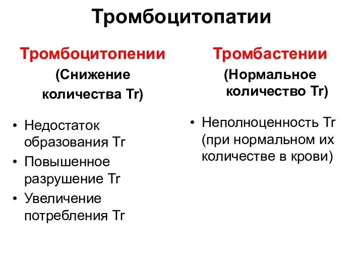 Тромбоцитопатии Тромбоцитопении (Снижение количества Tr) Недостаток образования Tr Повышенное разрушение Tr Увеличение