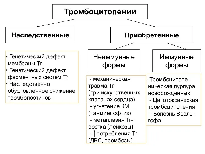 Тромбоцитопении Наследственные Приобретенные Генетический дефект мембраны Tr Генетический дефект ферментных систем Tr