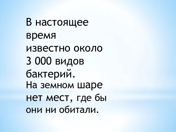 В настоящее время известно около 3 000 видов бактерий. На земном шаре