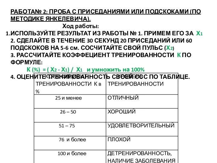 РАБОТА№ 2: ПРОБА С ПРИСЕДАНИЯМИ ИЛИ ПОДСКОКАМИ (ПО МЕТОДИКЕ ЯНКЕЛЕВИЧА). Ход работы: