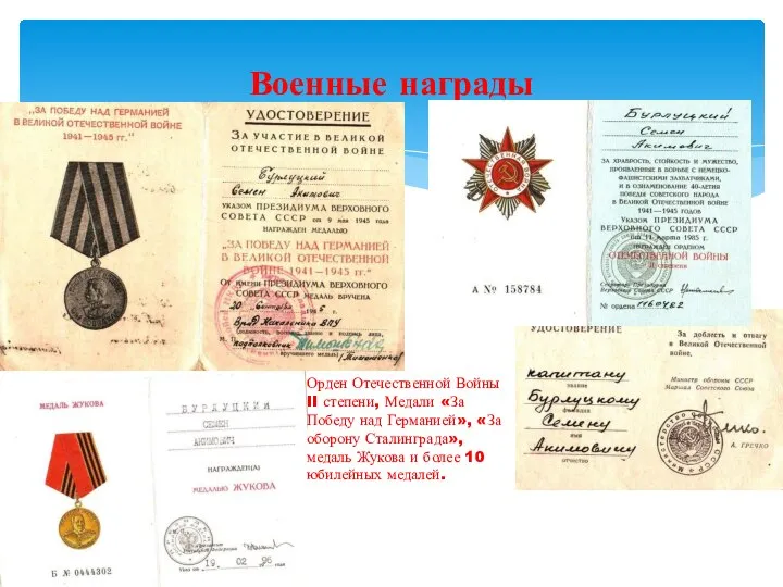 Военные награды Орден Отечественной Войны II степени, Медали «За Победу над Германией»,