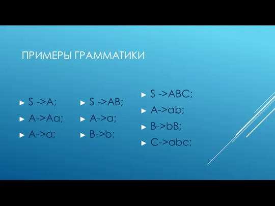 ПРИМЕРЫ ГРАММАТИКИ S ->AB; A->a; B->b; S ->A; A->Aa; A->a; S ->ABC; A->ab; B->bB; C->abc;