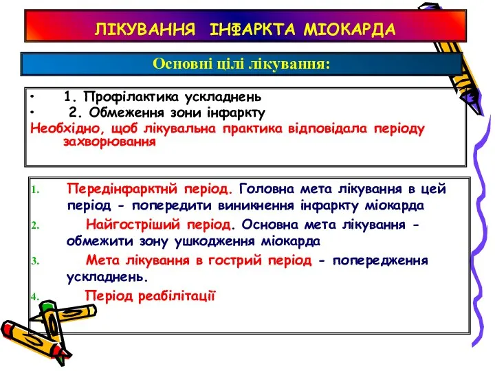 ЛІКУВАННЯ ІНФАРКТА МІОКАРДА 1. Профілактика ускладнень 2. Обмеження зони інфаркту Необхідно, щоб