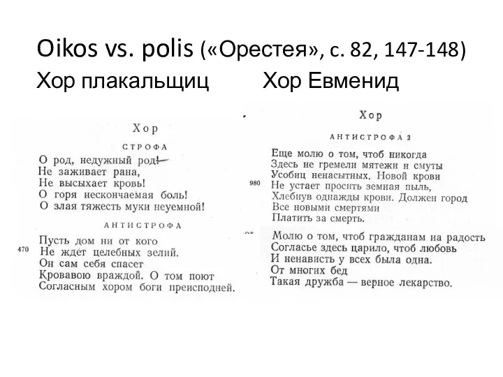 Oikos vs. polis («Орестея», c. 82, 147-148) Хор плакальщиц Хор Евменид