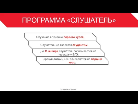 ПРОГРАММА «СЛУШАТЕЛЬ» Департамент продаж 3 Обучение в течение первого курса. Слушатель не