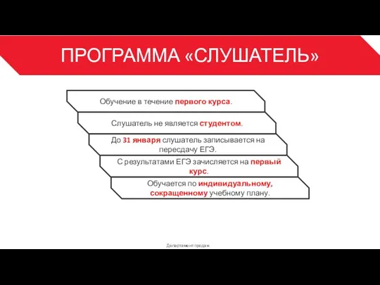 ПРОГРАММА «СЛУШАТЕЛЬ» Департамент продаж 3 Обучение в течение первого курса. Слушатель не