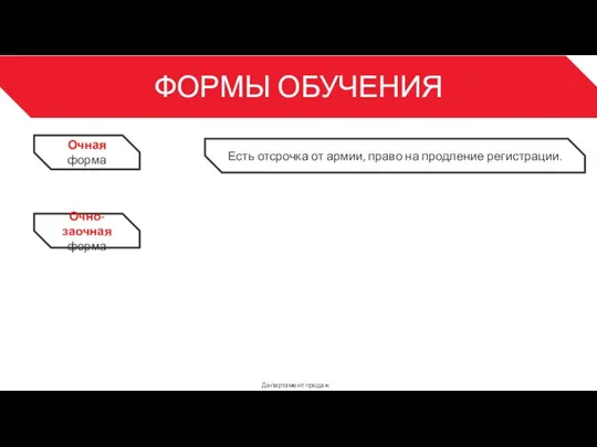 ФОРМЫ ОБУЧЕНИЯ Департамент продаж 3 Очная форма Есть отсрочка от армии, право