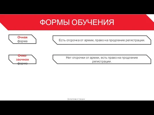 ФОРМЫ ОБУЧЕНИЯ Департамент продаж 3 Очная форма Есть отсрочка от армии, право