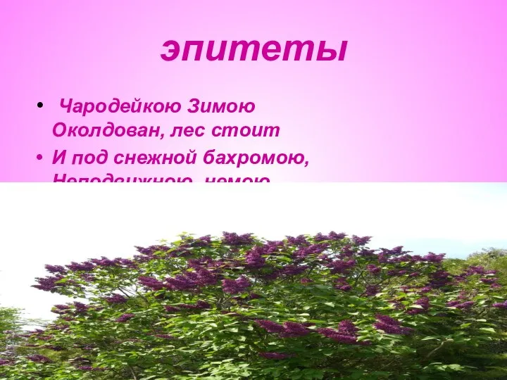 эпитеты Чародейкою Зимою Околдован, лес стоит И под снежной бахромою, Неподвижною, немою, Чудной жизнью он блестит.