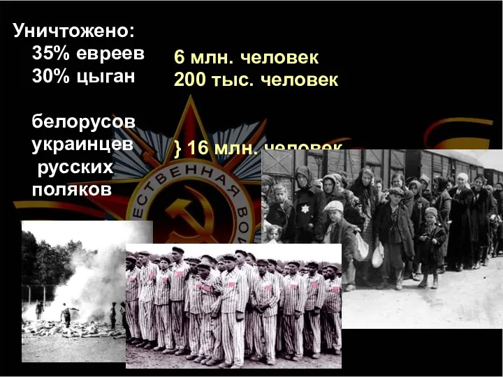 Уничтожено: 35% евреев 30% цыган белорусов украинцев русских поляков 6 млн. человек