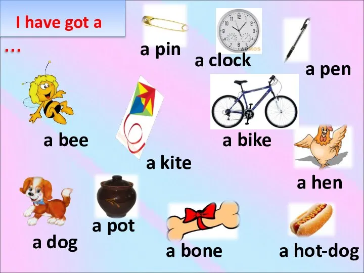 a dog a pot a bone a hot-dog a hen a bee