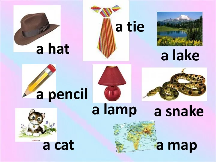 a hat a tie a lake a lamp a pencil a snake a cat a map