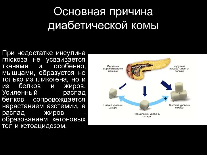 Основная причина диабетической комы При недостатке инсулина глюкоза не усваивается тканями и,