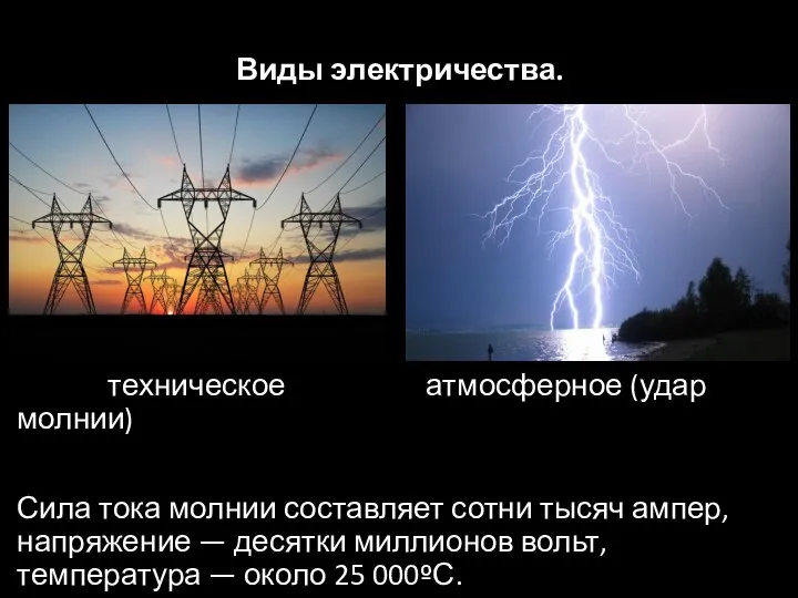 Виды электричества. техническое атмосферное (удар молнии) Сила тока молнии составляет сотни тысяч
