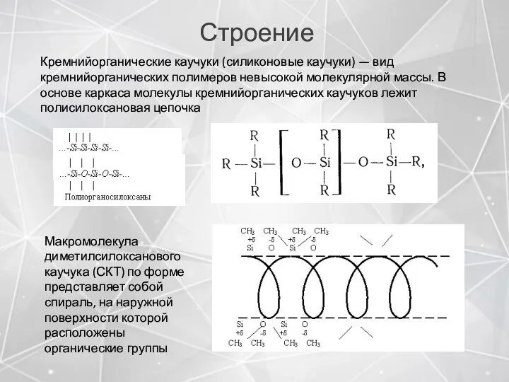 Строение Кремнийорганические каучуки (силиконовые каучуки) — вид кремнийорганических полимеров невысокой молекулярной массы.