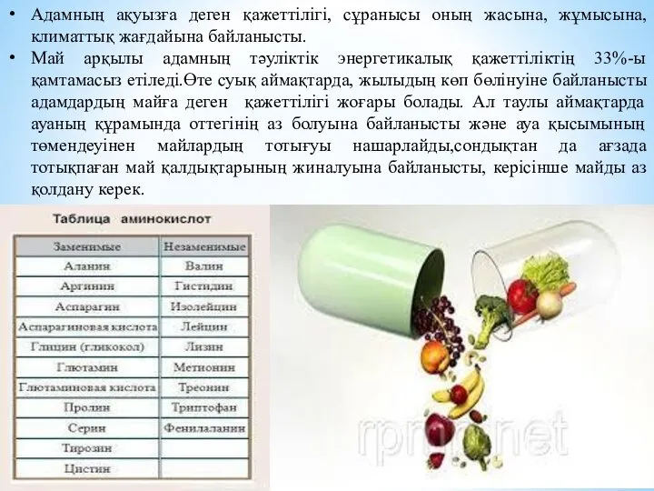 Адамның ақуызға деген қажеттілігі, сұранысы оның жасына, жұмысына,климаттық жағдайына байланысты. Май арқылы