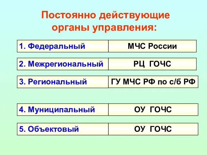 Постоянно действующие органы управления: 1. Федеральный 2. Межрегиональный 3. Региональный 4. Муниципальный