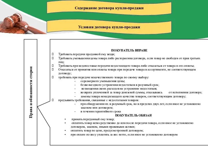 Содержание договора купли-продажи Условия договора купли-продажи